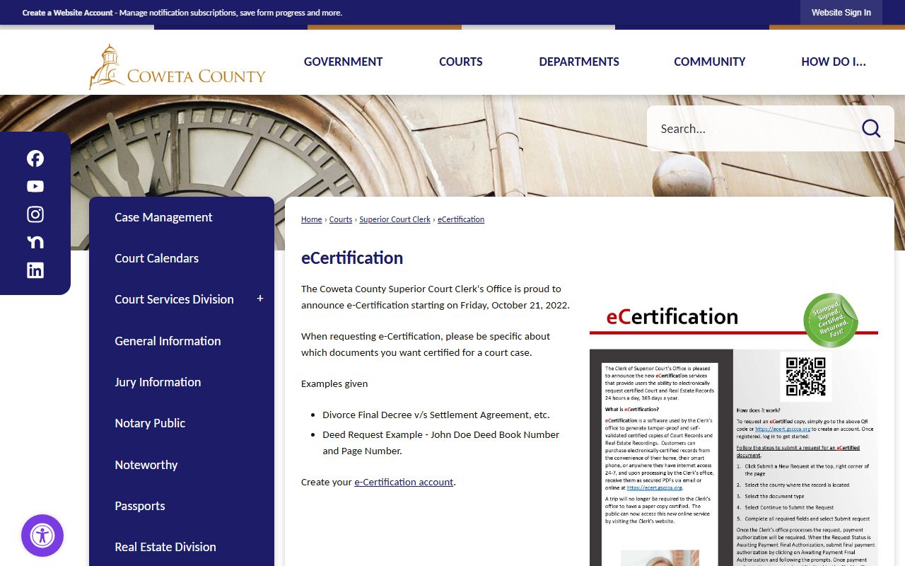 Coweta County Clerk of Superior Court eCertification page