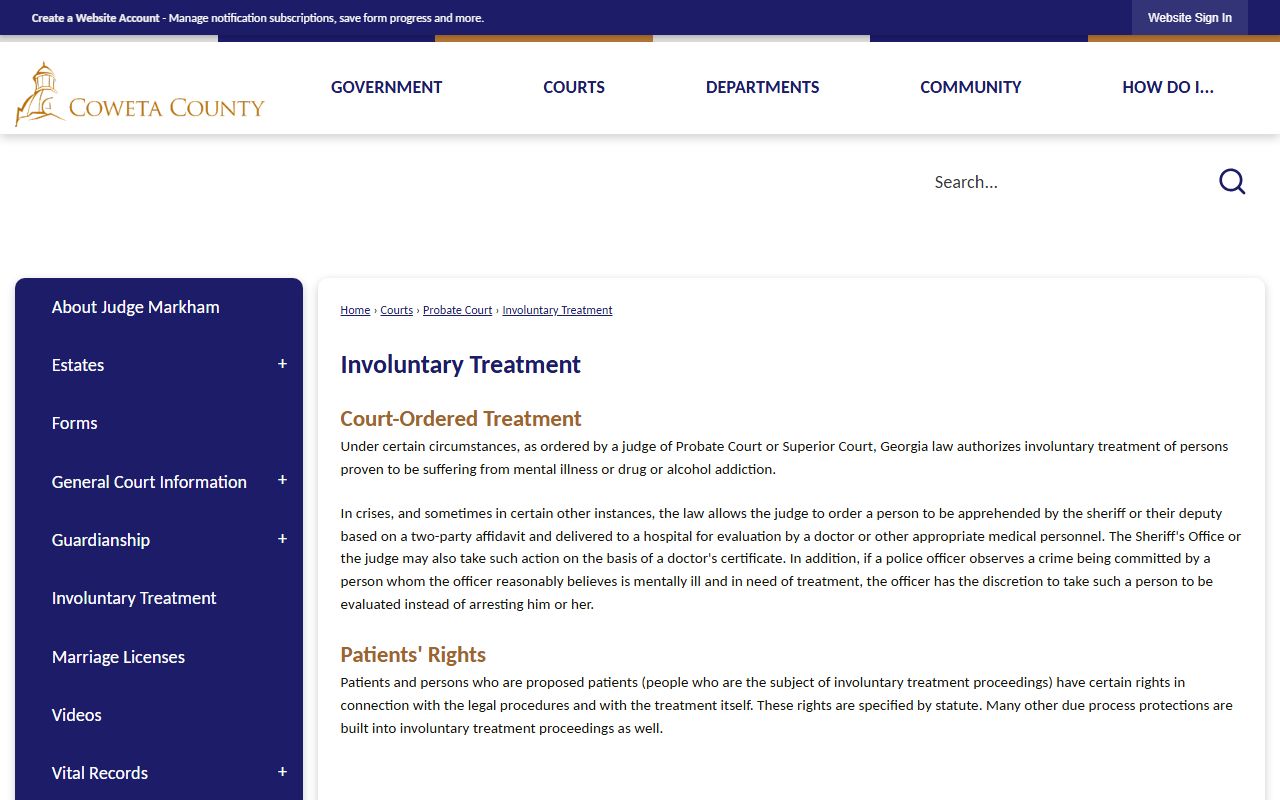 Coweta County probate records involuntary treatment page